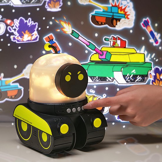 Twee robot nachtlampjes, één wit en één groen, projecteren ruimte thema's.