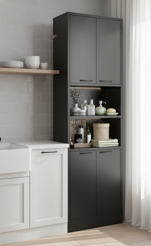 Dressoir met 2 deuren en 2 open vakken in groefhoutlook L110 cm - TARA Dressoir met 2 deuren en 2 open vakken in groefhoutlook L110 cm - TARA