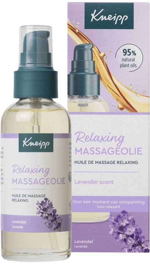 Kneipp Relaxing Massageolie met lavendel, 100 ml fles met pompje en doosje met lavendel decoratie.