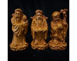 Boeddha set van 3 Fu Lu Shou FengShui geluk rijkdom en Longleven 11.5cm houtlook