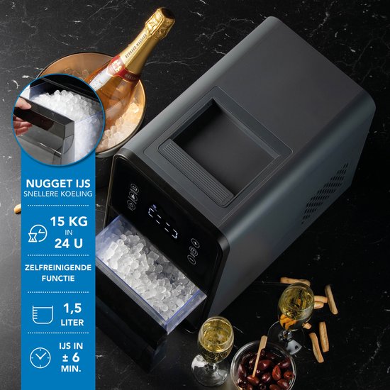 DOMO DO9286IB Nugget IJsblokjesmachine - 1,5L - Crushed Ice Maker met IJsschep - 15kg/24u - IJsblokjes in 6 min - Grijs/Zwart van Domo — afbeelding 2