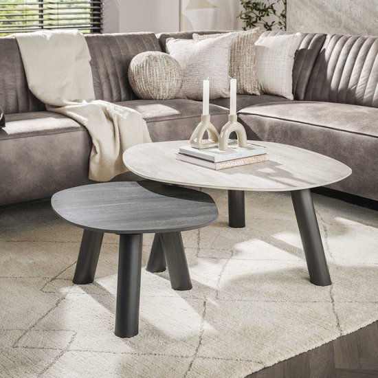 Hoyz Collection - Table basse Twin Log Set Van 2 - Céramique 3D Travertin Noir-gris