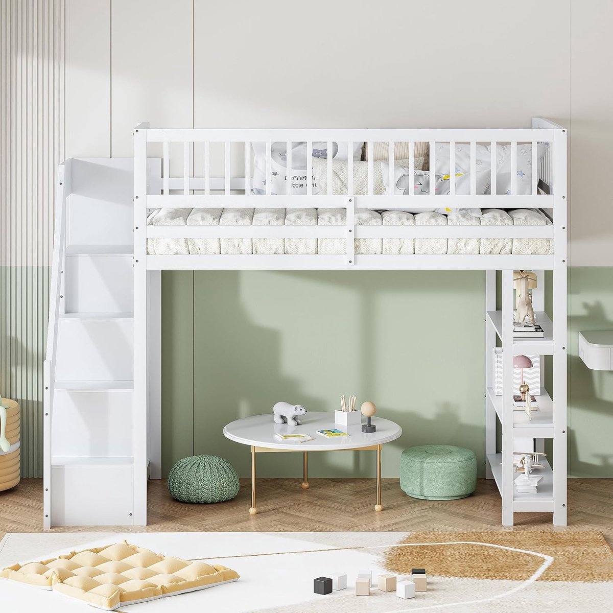Hoogslaper 90x200 cm met kledingkast, boekenkast, trap en opbergruimte – multifunctioneel kinderbed / tienerbed met planken, veiligheidsrail en vaste trap – Wit houten eenpersoonsbed