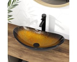 Puluomis Wastafel - Waskommen - Glas - Ovaal - Wastafelkraan zwart - Afvoerplug - Waterpijp - Gouden