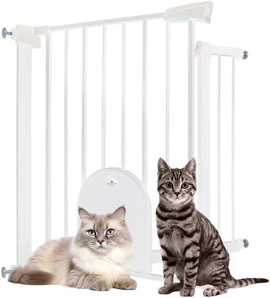 Barrière d'escalier, barrière de sécurité pour porte pour enfants, sans perçage, pour portes de 85 à 95 cm de large, résistante à la pression, fermeture automatique, barrière métallique, barrière pour chien avec chatière (blanche)