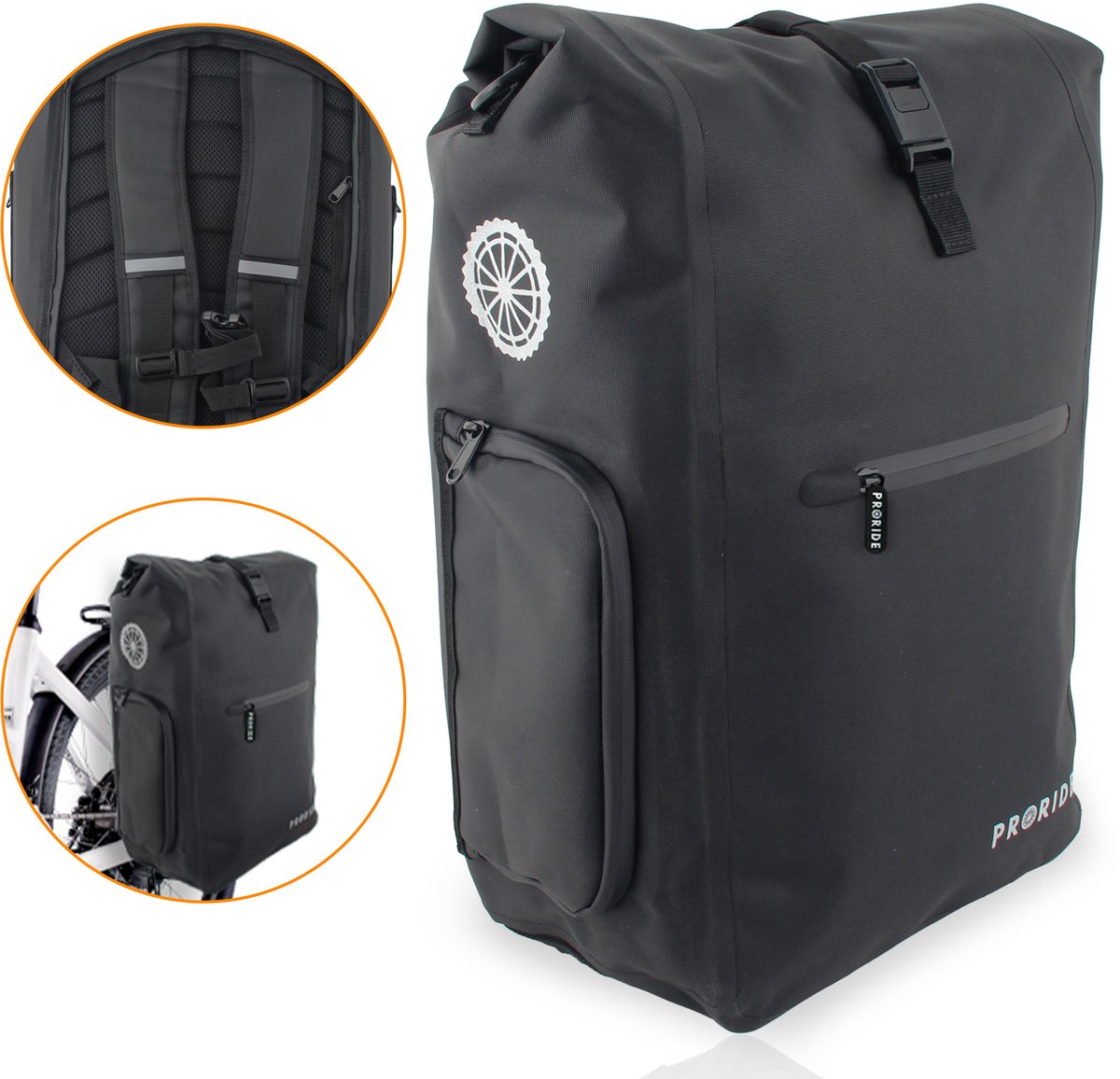 Proride® Fietstas Enkel - Rugzak - Rugtas 25L - Fietstas Electrische Fietsen - 3-in-1 Waterdicht Fietstas - Met Schouderband - Met Laptophoes- 25 Liter - Zwart - Fietszakken - Elektrische Fiets