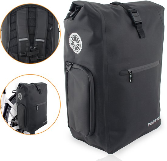 Sac à dos noir avec détail des bretelles et gros plan du sac.