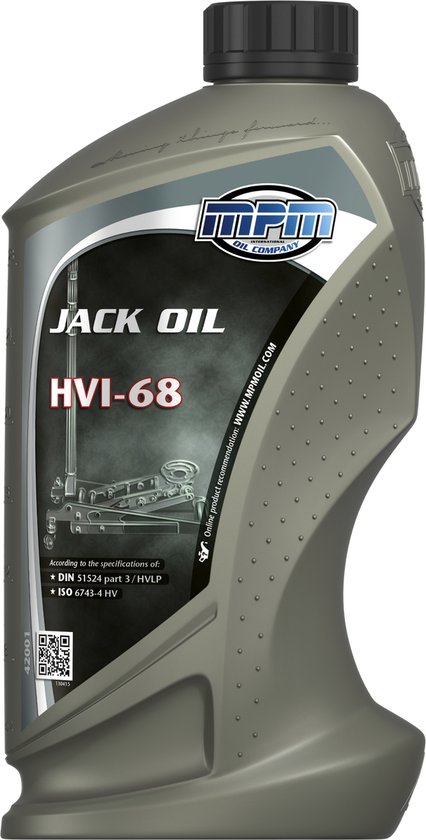 Grijze MPM fles met 'JACK OIL HVI-68' tekst en specificaties DIN 51524 part 3/HVLP en ISO 6743-4 HV.