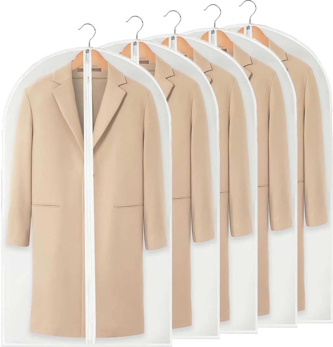 Ynkkvre - Kledinghoes - Opbergtas - Kledingzak met Rits - Kledingzakken - Transparant materiaal voor direct zicht - Waterafstotend en ademend - Duurzame nylon rits voor lang gebruik - Set van 5 stuks (60x120cm)