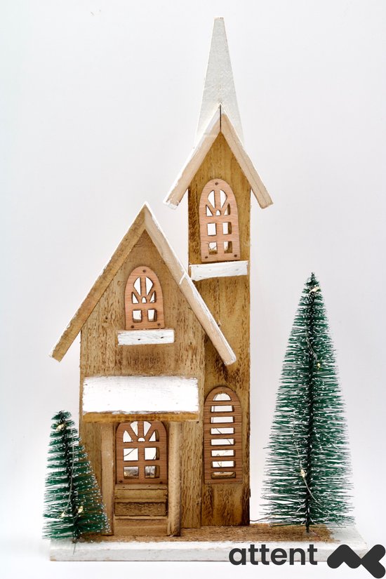 Maison de Noël en bois Attent avec éclairage LED de 42 cm et sapins décoratifs - une décoration de Noël chaleureuse pour l'intérieur
