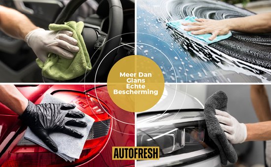 Collage van vier afbeeldingen die het reinigen van een auto tonen: handen met witte handschoenen die een groen doek gebruiken op een stuur; handen met een blauwe doek die een auto wassen met schuim; handen met zwarte handschoenen die een rode auto poetsen; handen met een grijze doek die een koplamp poetsen. In het midden een gele cirkel met tekst.