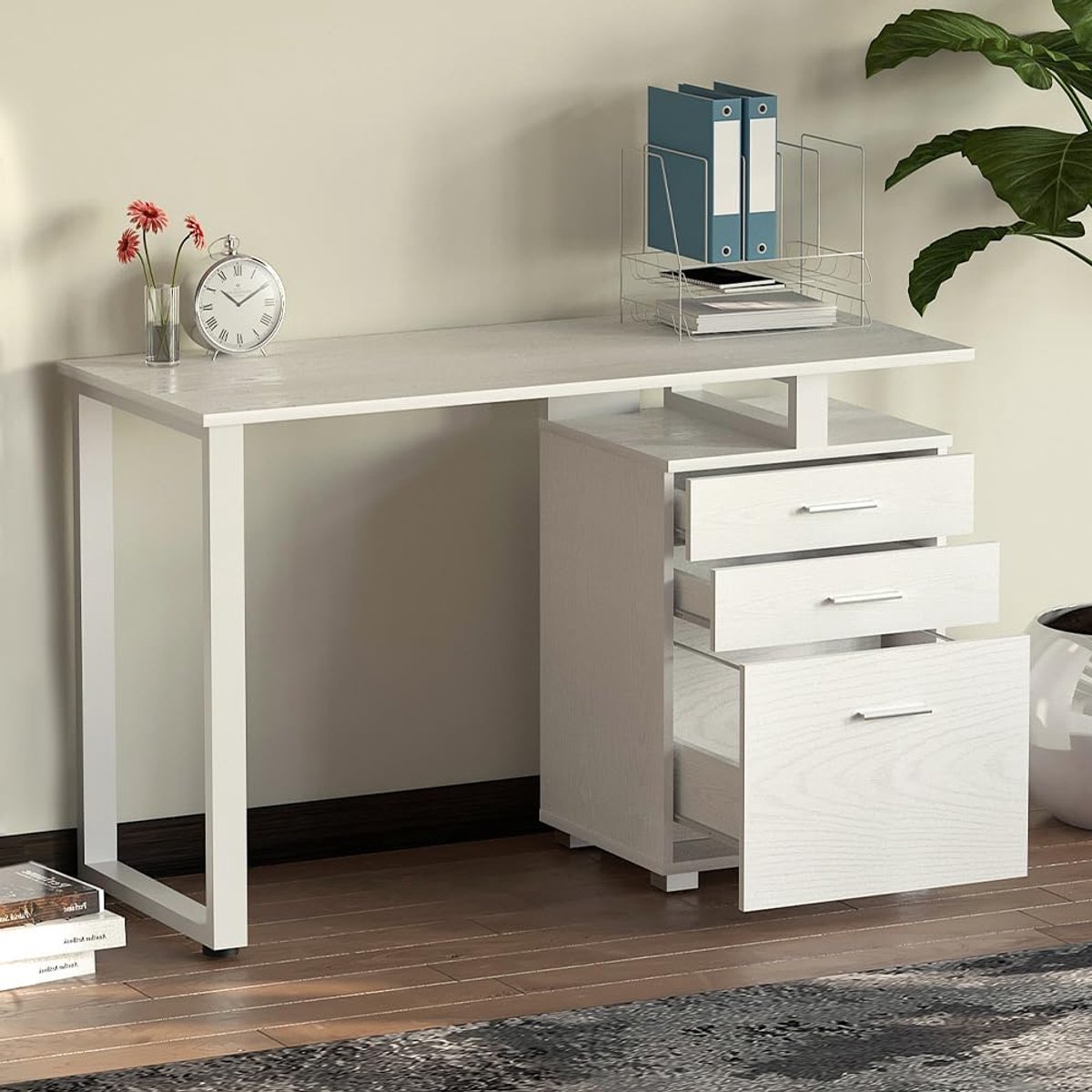 Modern Houten Bureau met Ladekast 3 Lades 120x50x75 cm – Elegant Computerbureau met Stalen Frame, Minimalistisch Design voor Thuis, Kantoor of Kinderkamer – Novihome