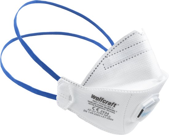 Wit wolfcraft FFP2 masker met blauwe elastieken banden en een grijs ventiel. Tekst: wolfcraft FFP 2 NR D.
