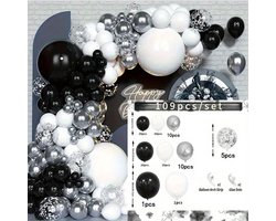 109-delige Zilveren, Witte en Zwarte Ballonnen Slinger Boog Set – Luxe Feestdecoratie met Confettiballonnen – Voor Verjaardag, Bruiloft, Jubileum of Bedrijfsfeest
