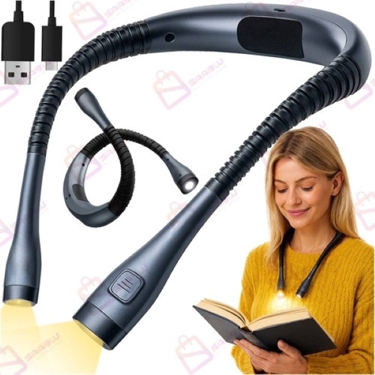 LED Lezen Neklamp Oplaadbaar USB-C – leeslampje voor boek – Flexibele leeslampje 3 Lichtkleuren – leeslampje voor in bed – 55974