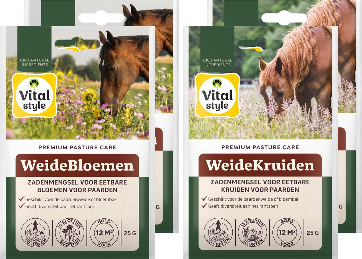 VITALstyle WeideBloemen & WeideKruiden - Bloemenzaad - Kruidenzaad - Zadenmengsel Met Eetbare Bloemen & Kruiden Voor Paarden - 50m2 - 4 x 25g