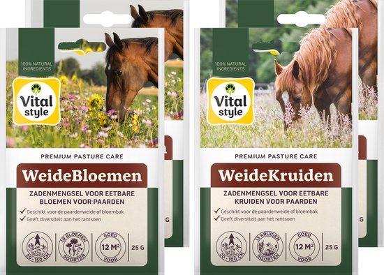 VITALstyle WeideBloemen & WeideKruiden - Bloemenzaad - Kruidenzaad - Zadenmengsel Met Eetbare Bloemen & Kruiden Voor Paarden - 50m2 - 4 x 25g