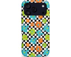 Casetastic hoesje geschikt voor Apple iPhone 17 Pro Max - MagSafe - Dubbellaagse bescherming - Retro Bloem Power - Fashion Case - Zwart Turquoise Grijs Wit