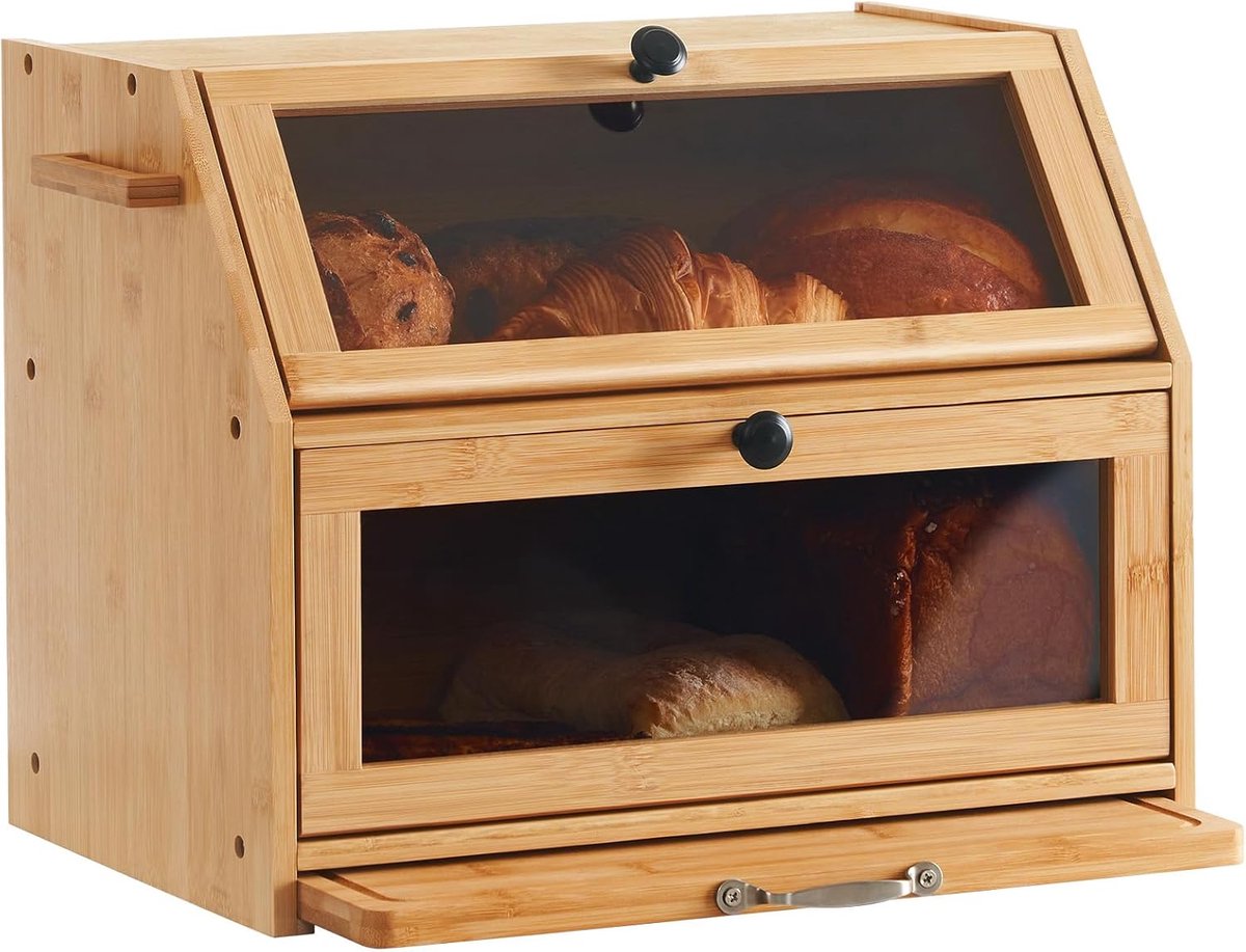 Famanu - Broodtrommel, bamboe, eco broodmand met snijplank, opbergdoos, keuken, broodopslag, broodcontainer, gevisualiseerd voor brood, roosterbrood, 39 x 26 x 32,5 cm (l x b x h), natuurlijk bamboe, Kleur: naturel