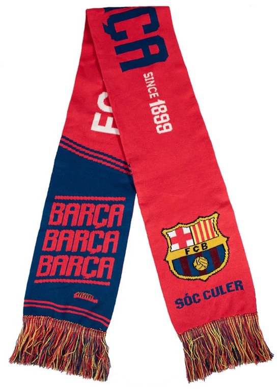 Rode en blauwe FC Barcelona sjaal met 'BARCA' tekst en clubwapen. Franjes aan de onderkant.