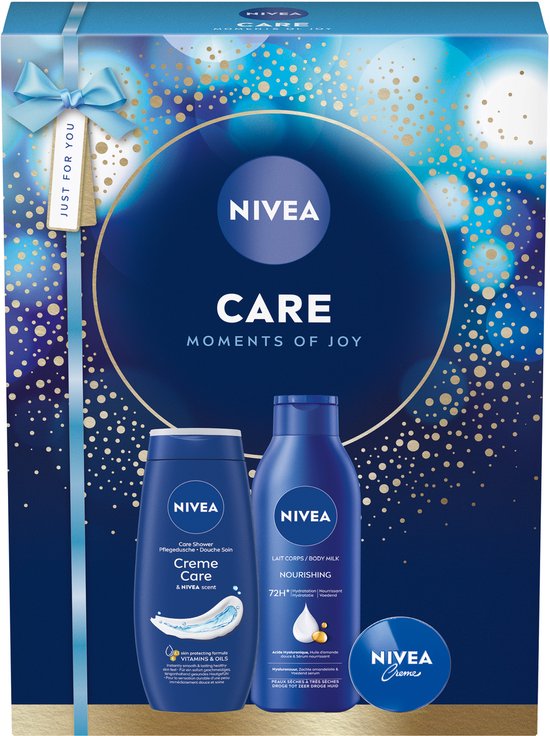 NIVEA Care Moments of Joy Geschenkset - Sinterklaas en Kerst Cadeau- Giftset - Kado - Kerstcadeau met Body Milk, Douchegel en Crème - Cadeauset Verjaardag