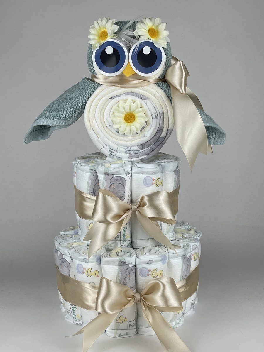 Chouette-Chouette | Luiertaart Neutraal | Kraamcadeau | Geboorte Jongen Meisje | Babyshower | Uil Stone groen - Beige
