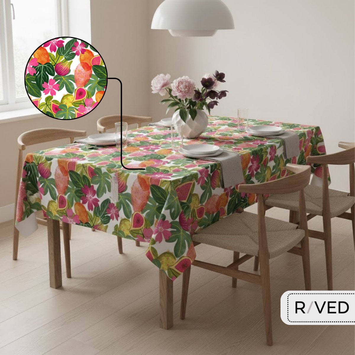 Raved Tafelzeil – 140 cm x 100 cm – Roze Fruit Groen – Bloemen – PVC – Afwasbaar