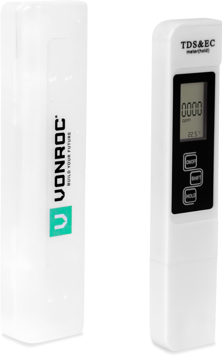 VONROC Digitale TDS-Meter – Drievoudige werking: Meet totale opgeloste stoffen (TDS), elektrische geleidbaarheid (EC) en temperatuur – Inclusief Opbergbox