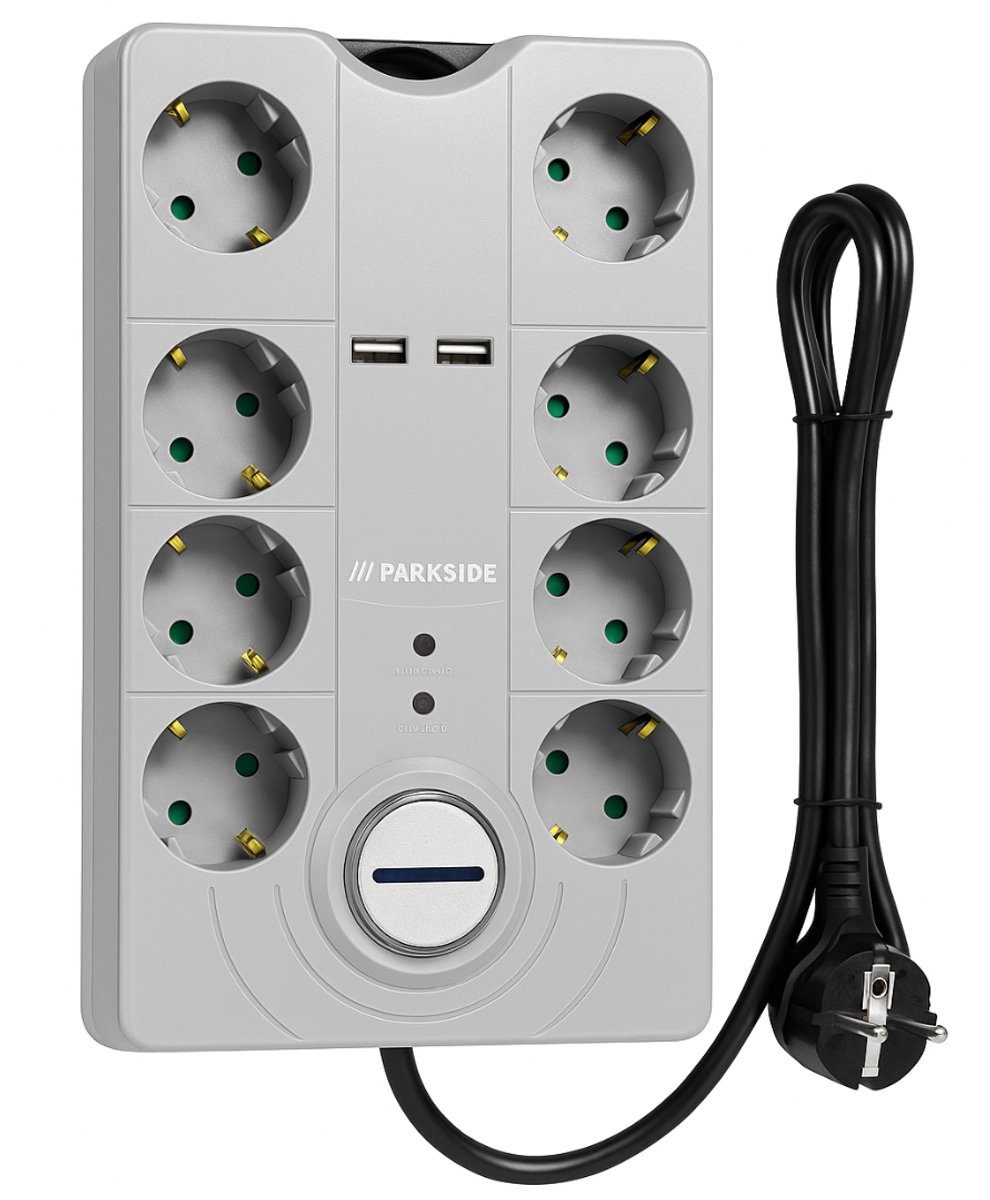 PARKSIDE® Stekkerdoos met Overspanningsbeveiliging - 8 Stopcontacten - 2 USB Poorten (2,1A) - 2 Meter Kabel - Schakelaar met Verlichting - 3680W - Grijs/Zwart