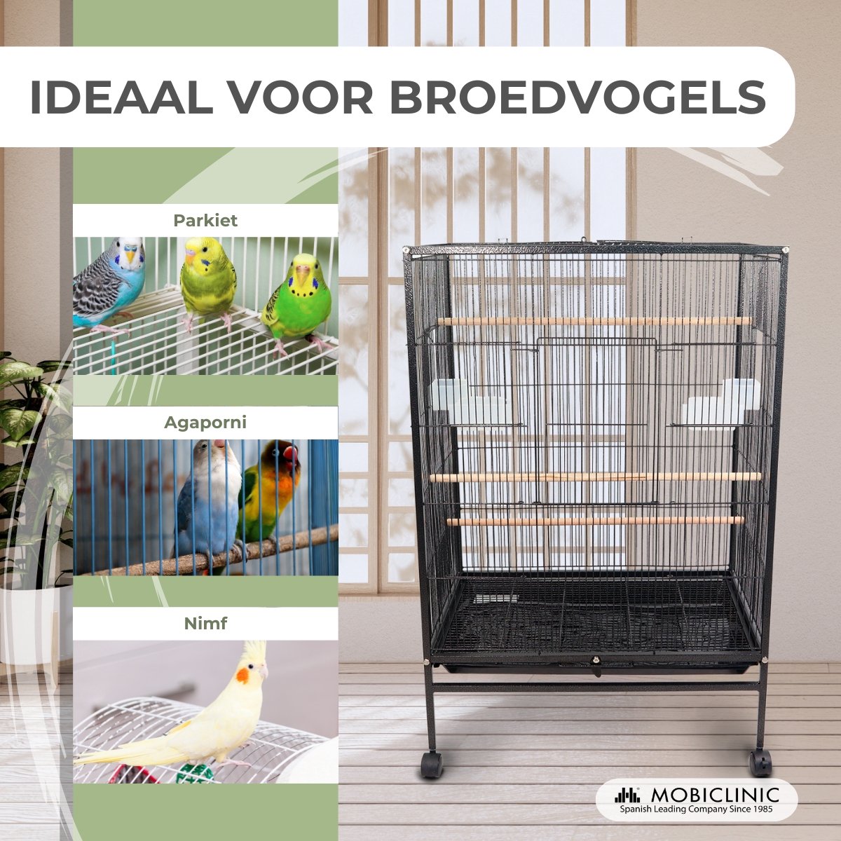 Mobiclinic Ninfa - Vogelkooi - Met zitplaats en accesories en wielen - Eet en drinkbakken - 95 x 43 x 61,5 cm - 8 poorten - Uitneembare lade - Zwart thumbnail 5