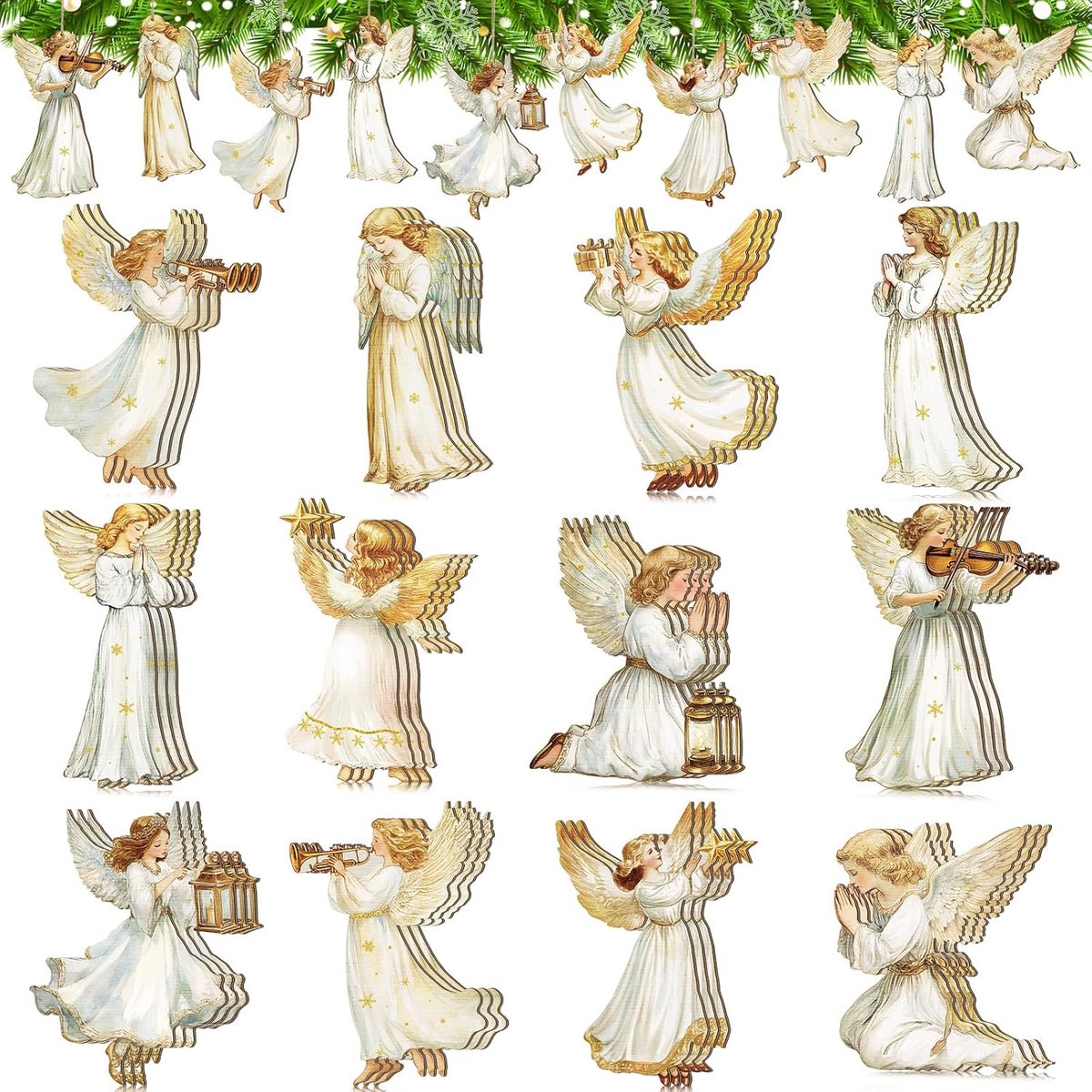 Houten engelvormige kerstversiering in landelijke stijl voor kerstboomdecoratie.
