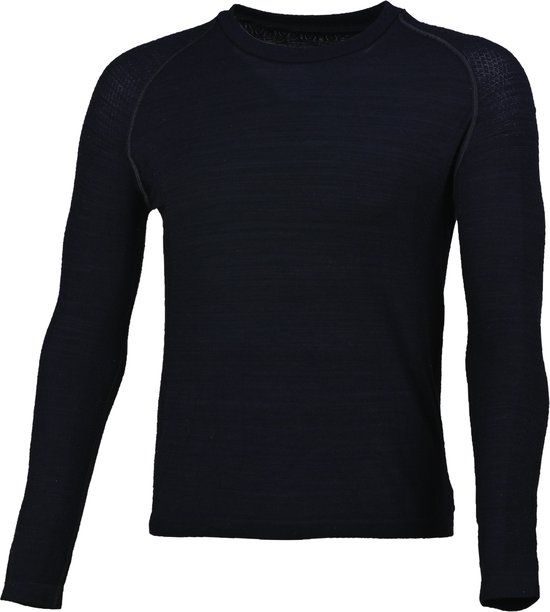Zwart, naadloos thermoshirt met lange mouwen en schouderdetail in honingraatpatroon.