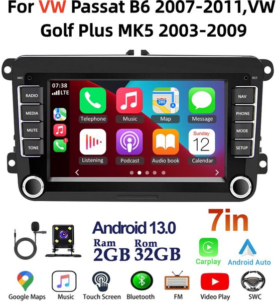 Auto Radio for VW Passat B6 (2007-2011) & Golf Plus MK5 (2003-2009) | 7inch Android 13 2+32G, GPS Navigatie met Draadloos CarPlay, Bluetooth en Achteruitrijcamera