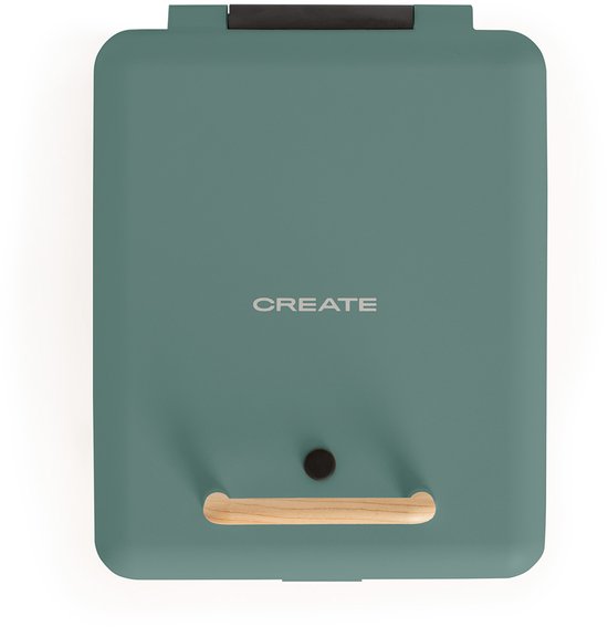 Groen CREATE tosti-ijzer van bovenaf, met logo.