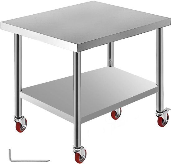 KOMFOTTEU Serveerwagen van roostvrij staal, 2 verdiepingen, 250 kg draagvermogen, tafel voor restaurantbereiding (122 x 61