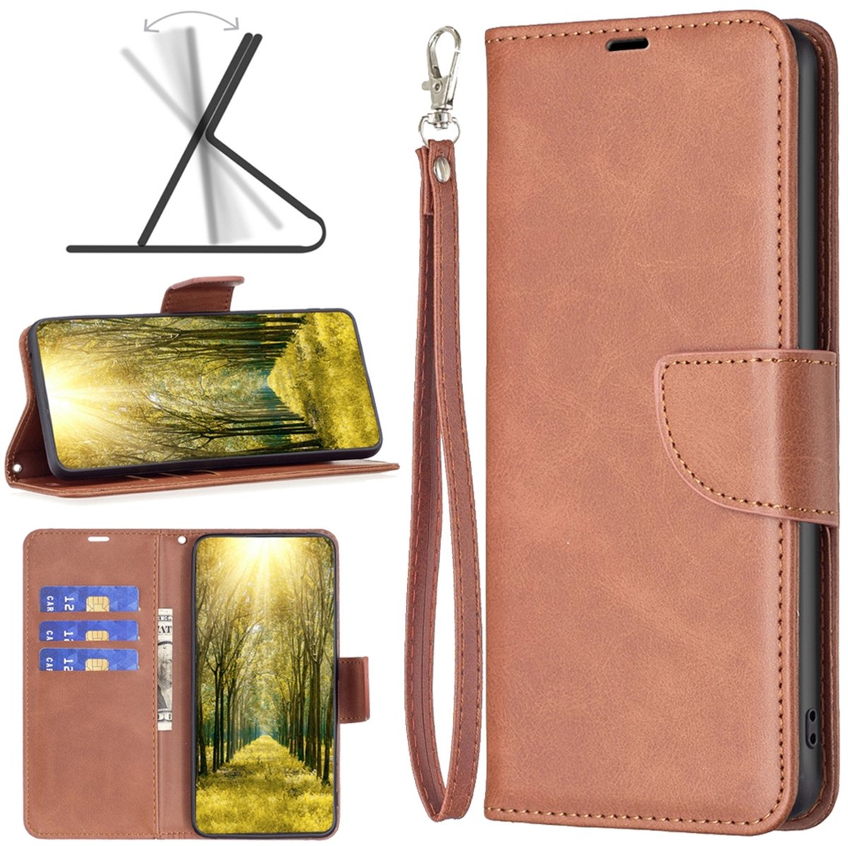 MobyDefend Hoesje - Geschikt voor Xiaomi Redmi 15 5G - Wallet Book Case Met Koord - Bruin
