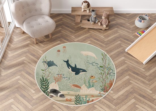 Vloerkleed Kelp Forest Oliver Robins-kinderkamer-zeedieren-orka-vissen-onderwater-kinderkameraccessoires-stoffen kleed-rond-100cm