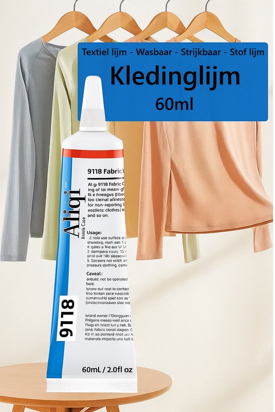 Een tube textiellijm voor een verzameling effen, lange mouwen shirts.