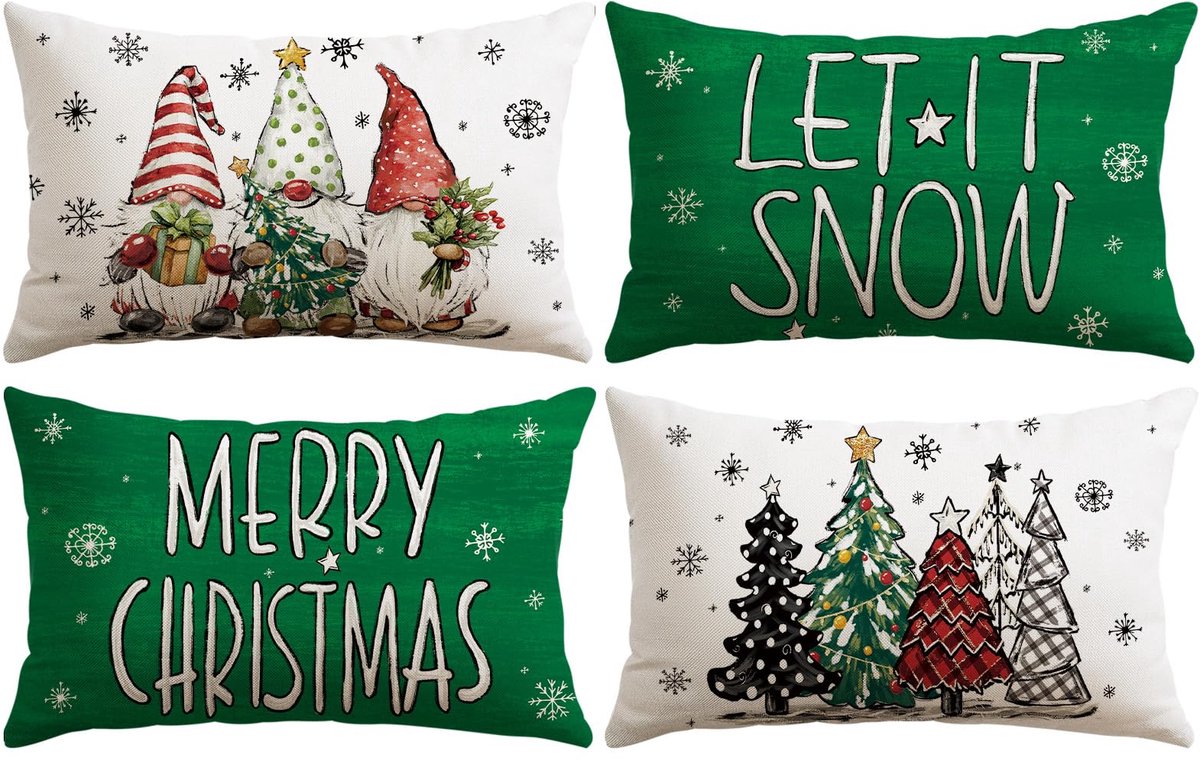 Unyqoos Set van vier kerstkussenhoezen met feestelijke prints voor elke ruimte groen