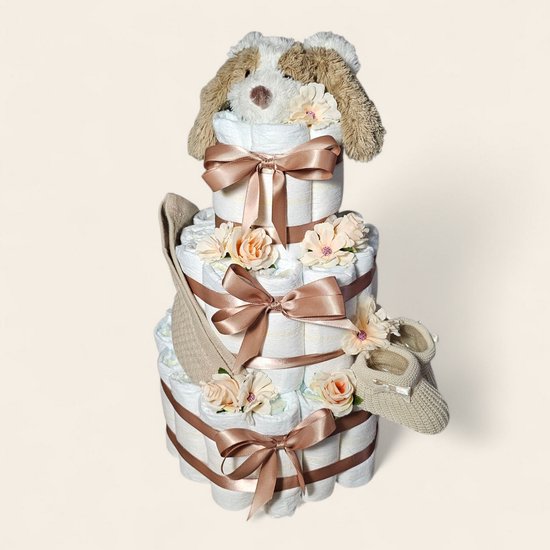 Luiertaart Bruin 3-laags - Groot Kraamcadeau met Dog David van Happy Horse van Luiertaart — afbeelding 3