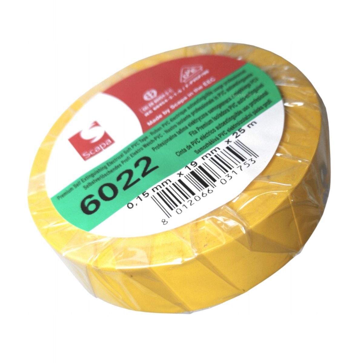 Scapa 6022 PVC Isolatietape Geel 19mm x 25m - Zelfdovend, VDE/UL