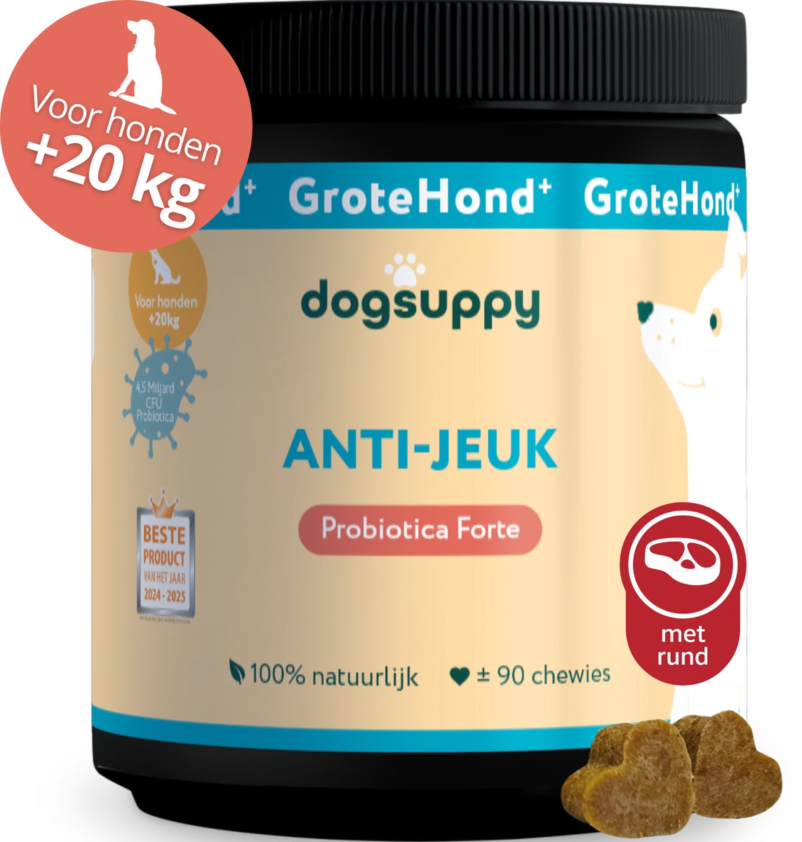 GroteHond⁺ Anti-Jeuk - Met rund - 100% natuurlijk - 90 grote snoepjes - Bij Gevoelige Huid, Krabben, Poten likken en Allergieën - Ondersteunt Gezonde Darmflora, Rustige Huid & Natuurlijke Balans - Voor Grote Honden +20kg