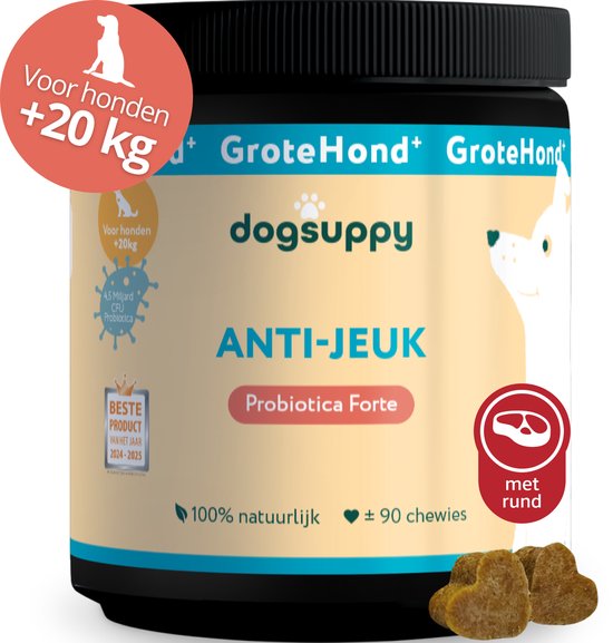 Anti-Jeuk GroteHond⁺ [met rundvlees] - 90 snoepjes - 100% natuurlijk - Huidgevoeligheid, Krabben, Poten likken en Allergieën - Ondersteunt Darmgezondheid & Natuurlijke Weerstand - 4.5 miljard CFU Probiotica per snoep - Voor Grote Honden +20kg