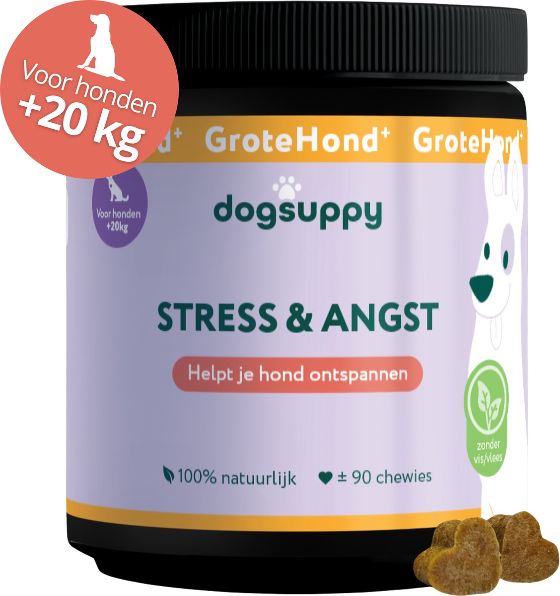GroteHond⁺ Stress & Angst - Zonder vlees - Kalmerend & Stressverlagend - 100% Natuurlijk - 90 snoepjes - Kalmeringsmiddel Honden - Overmatig blaffen, Trillen, Onrust & Vuurwerkangst - Hennepzaadolie & L-Tryptofaan - Voor Grote honden +20kg