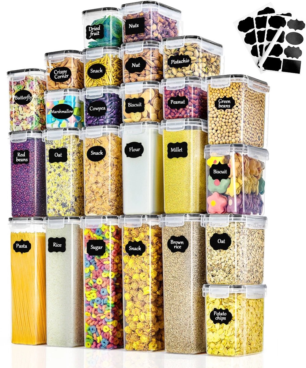 NaevaMi Vershoudbakjes Set - Vershouddoos - Vershoudbakjes Set Met Deksel - Kruidenpotjes - Transparante Keuken Organizer - 25-delige Set Met Deksel en Labels - Kunststof Opbergdozen voor Kruiden, Pasta, Rijst, Noten en Meer
