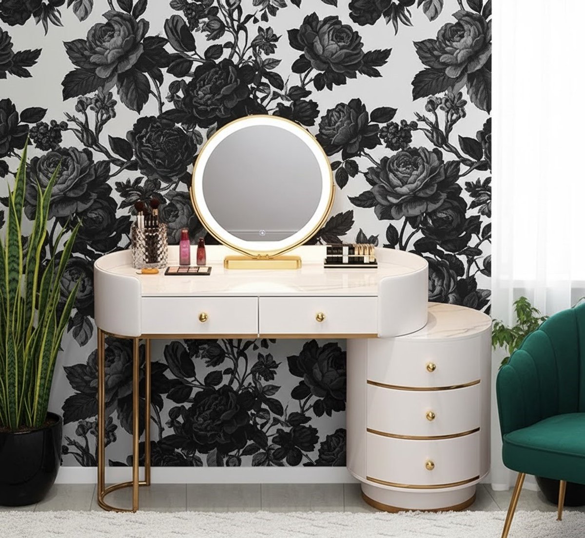 Elegante Luxe Make-uptafel met LED Spiegel, 3 Lichtmodi, Verstelbare Breedte 80-100 cm en 5 Laden – Modern Slaapkamer Meubel – Novihome