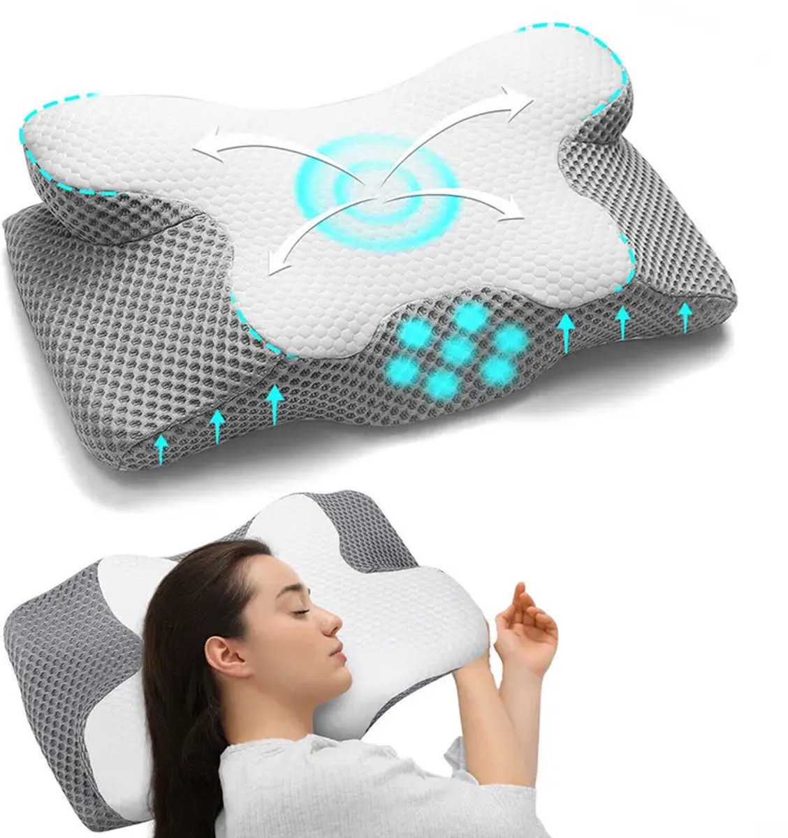 Luxe Ergonomisch Vlindervormig Kussen – 60 x 40 cm | Memory Foam Nek- & Schouderondersteuning met Langzame Terugvering | Ademend & Hypoallergeen, Wasbare Hoes