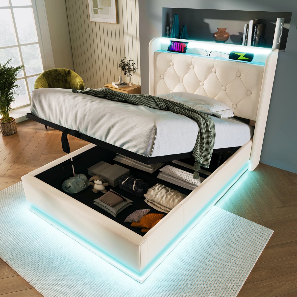 90x200 cm Eenpersoonsbed Opbergbed met 360 graden panoramische LED-verlichting - gestoffee