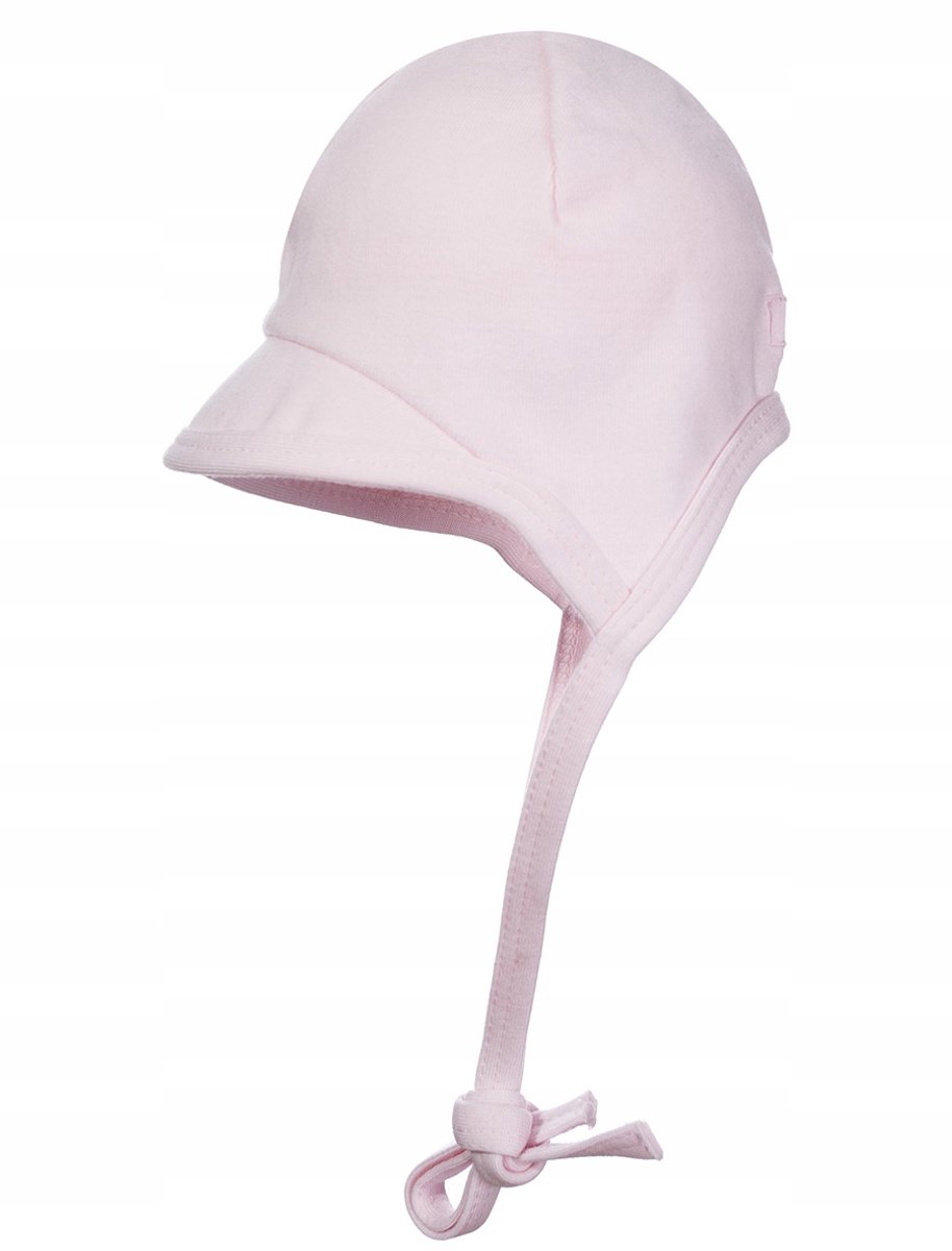 Roze baby muts met klep, strik, maat 37