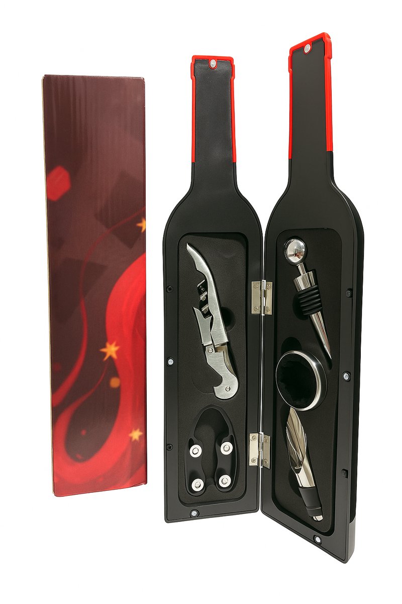 Deco Shine - Delige Wijnaccessoire Set in Flesvorm – Kurkentrekker, Foliesnijder, Wijnstopper, Schenker & Drupring – Cadeauverpakking